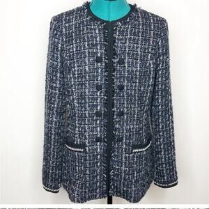 White black blue black and white plaid blazer